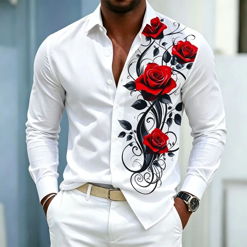 Men's shirt solid color lapel long sleeved with red rose vine pattern printed on one side, slim fit casual trend
