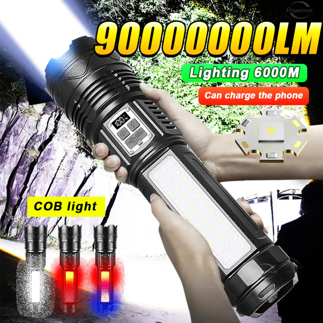 2024 Latest White Laser Flashlight 15000mAh Rechargeable Torch Waterproof Outdoor Light Camping Lantern Warning Light