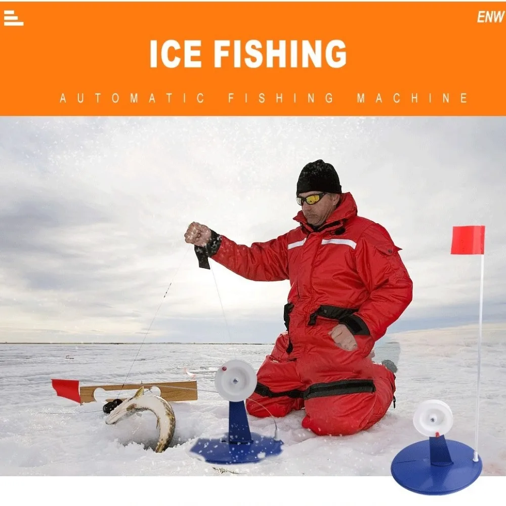 Winter Automatic Ice Fishing Flag Hand Free Orange Banner Compact Metal Pole ABS Warning Safety Fishing Rod Tip-Up Ice Fishing