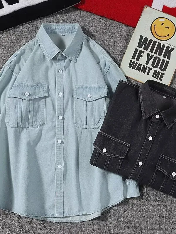 

Мужская джинсовая рубашка свободного кроя с длинным рукавом, выцветшая, в японском стиле, для весны и осени, модная, легкая, в стиле Maturi Wind, верхняя одежда, куртка