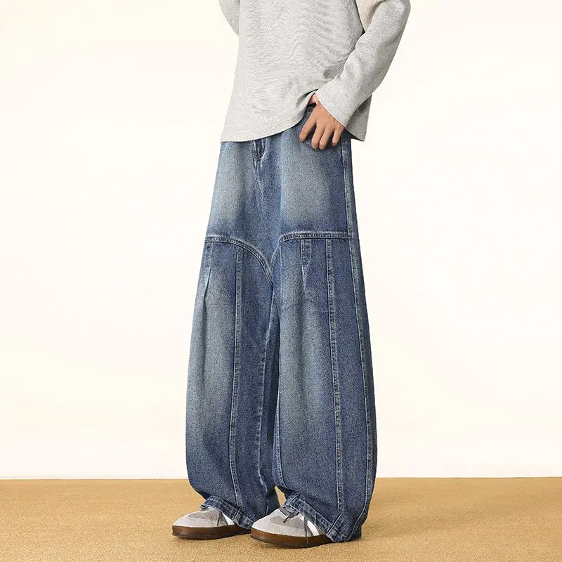 

Мужские джинсы, весенне-осенние модные потертые повседневные длинные брюки в стиле ретро, лоскутные, мягкие и удобные широкие брюки больших размеров