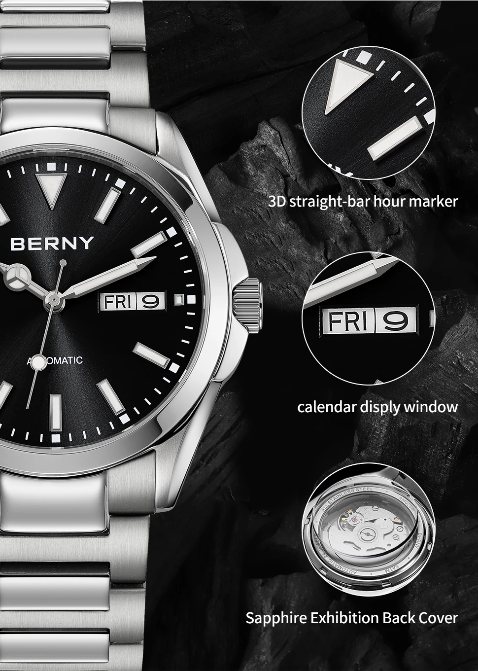 BERNY Automatikuhren für Herren, superleuchtend, Datum und Woche, mechanische Herrenuhr, komplett aus Edelstahl, Armbanduhr NH36, Saphir – Detail 7