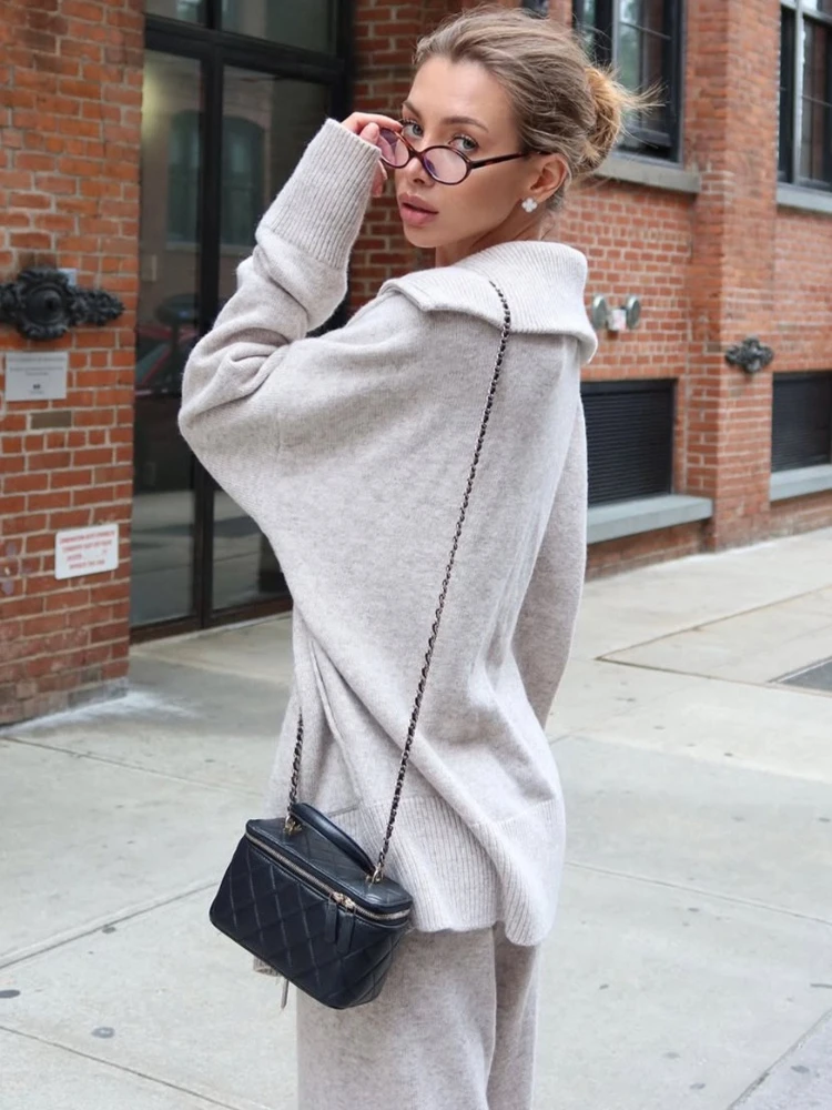 Tossy Casual Knitwear Sweater 2 Piece-Set Leg Trousers Women Solid Loose Zipper Cardigan And Wide-Leg Pants Knitwear Pant Sets