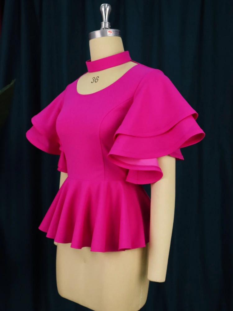 Women Summer Fuchsia Tops Halter High Neck Layered Flare Sleeve Peplum Shirt Blouses Elegant Fashion Large Size Stretch Clothes