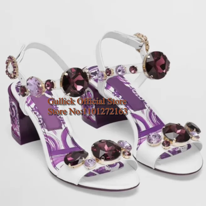 Bohemia Style Rhinestone Gem Chunky Heels Sandals Purple Leather Ankle Strap 10cm Crystal Female Summer Dress Shoes