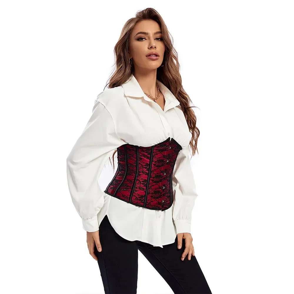 WSHKING Underbust Waist Corset Lace Floral Red Waist Trainer Gothic Women Slimming Belt Bustier Corselet Red Korset view 4