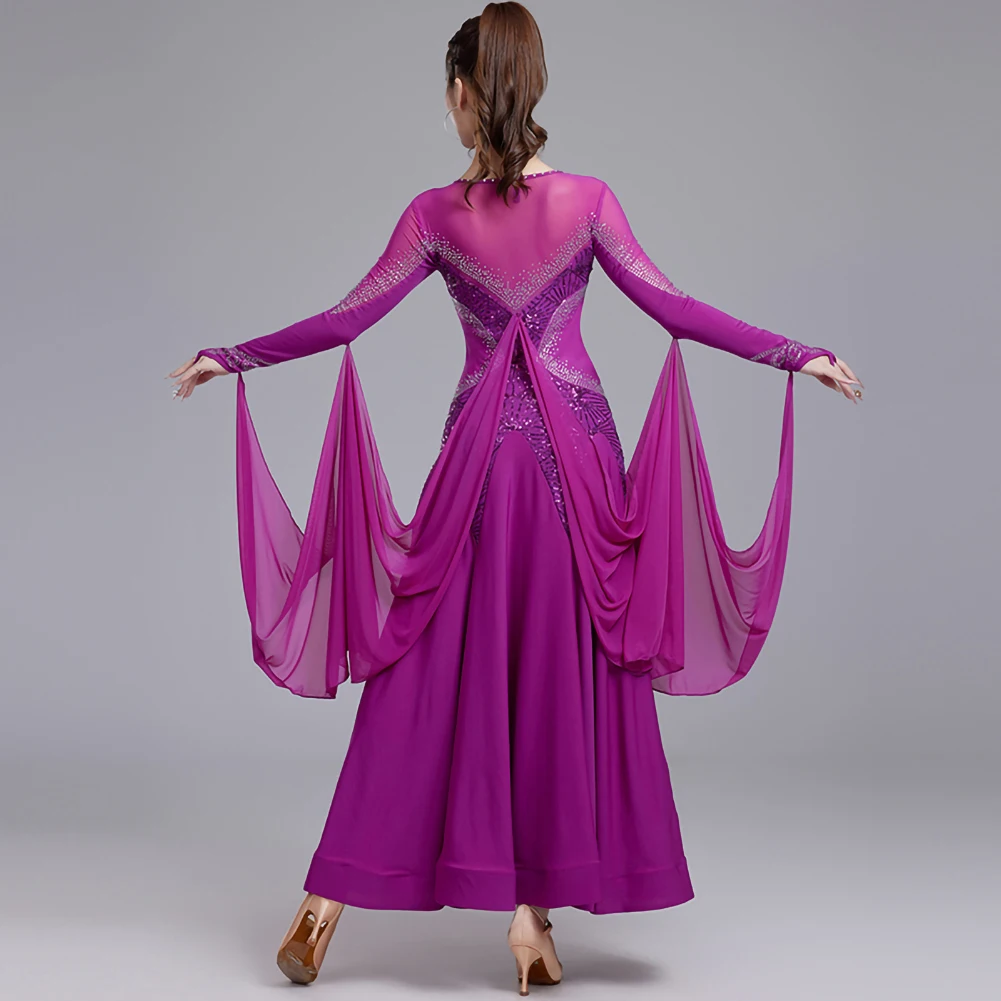 Modern Dance Dress wine red Ribbon Professional Competition Standard Dress Purple Sequin dark green Waltz Ballroom Dress