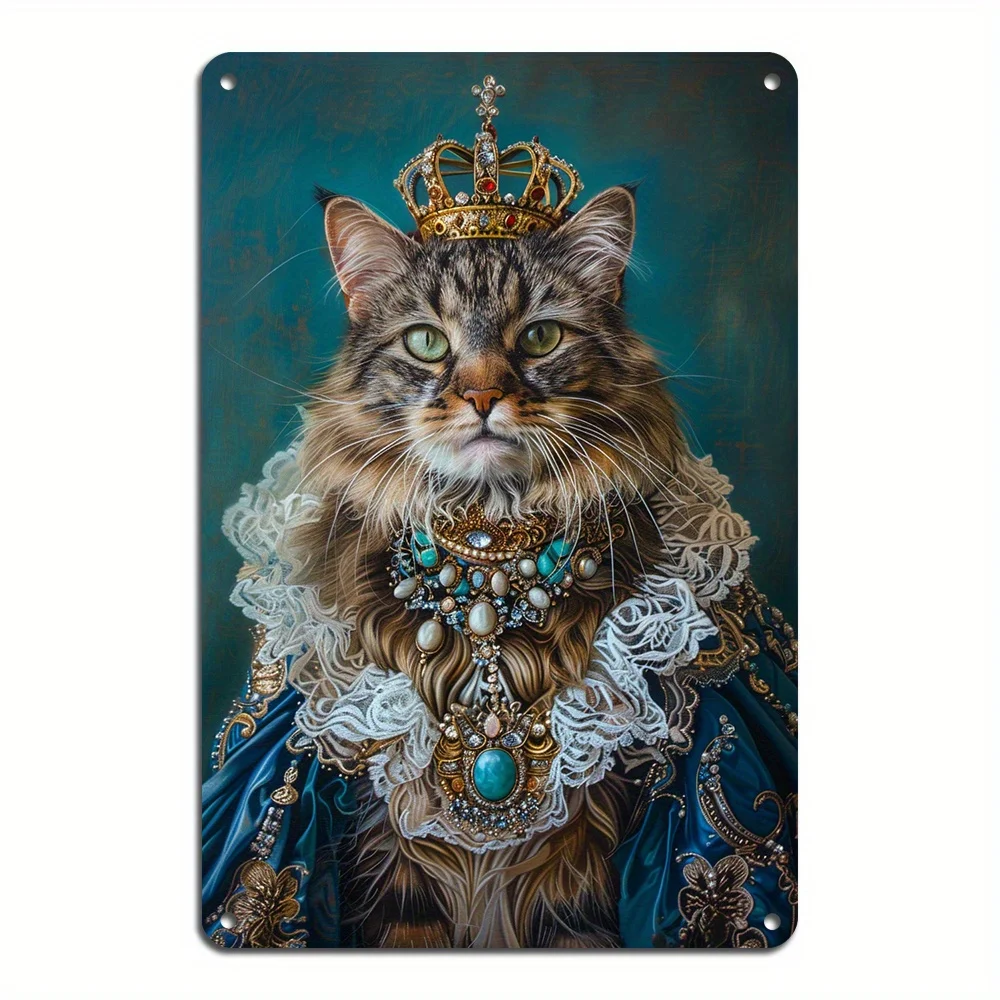 Vintage Cat in Golden Crown Metal Tin Sign - 20.32x30.48cm | Easy Install, Reusable Aluminum Wall Art for Home & Bar Decor |