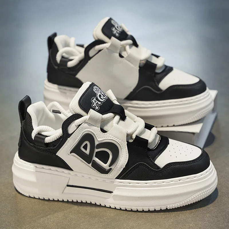 

2025 New Men's Spring Breathable Sports Shoes Low Top Synthetic Leather Casual Board Thick Bottom Trendy Student Footwear