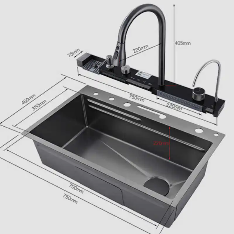 Black Stainless Steel Smart Kitchen Sink Nano Stainless Steel Hand Made Kitchen Sink Waterfall Kitchen Sink With Digital Display