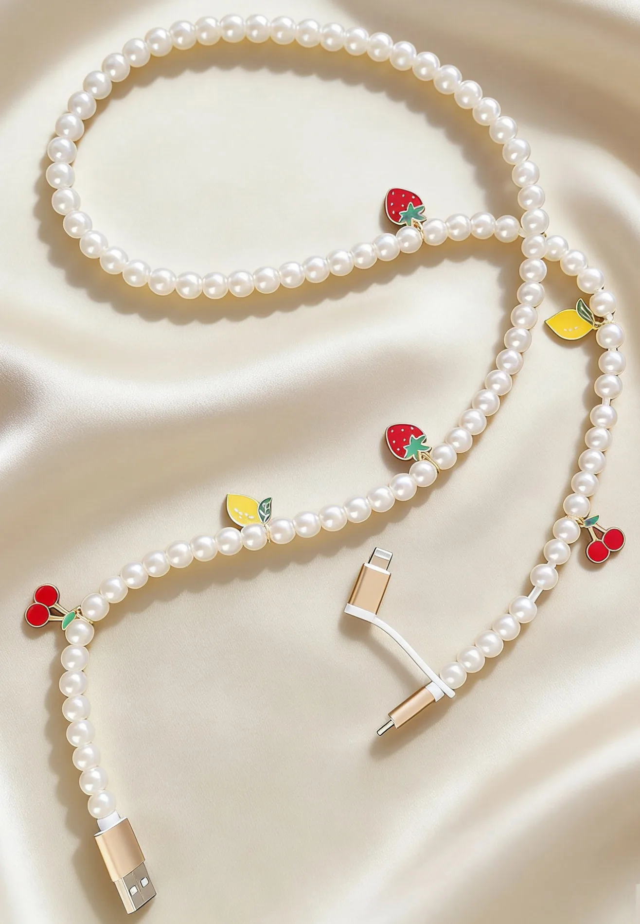 Creative Charm Fruit Series Butterfly boots Beaded data cable Two-in-one type-c White Pearl Multifunctional Charging cable 1m