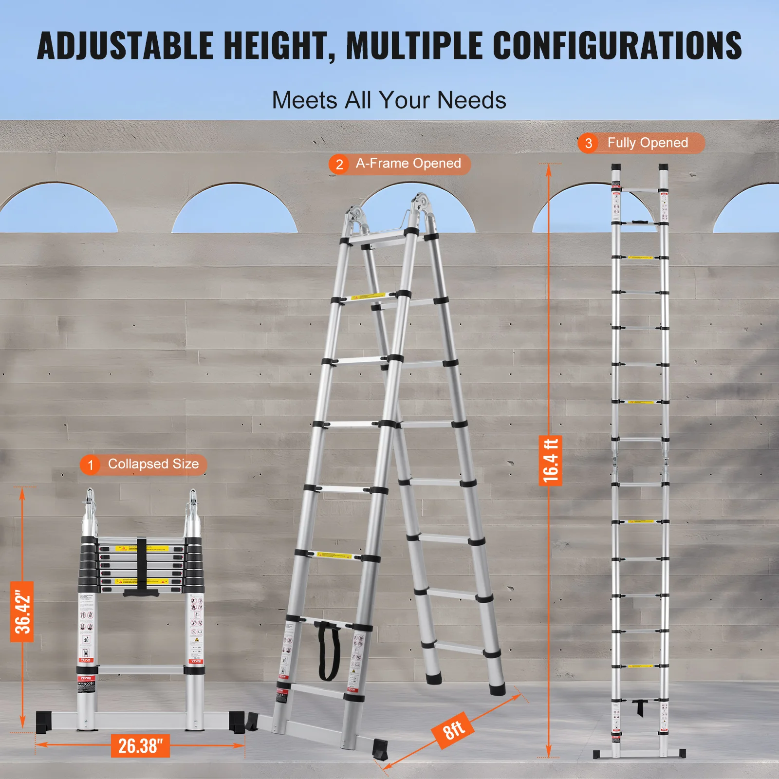 VEVOR Telescoping Ladder 16.5FT A-Shape Aluminum Extension Ladder Lightweight Retraction Collapsible Multi-Purpose RV Ladders