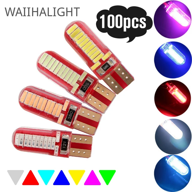 100PCS White Ice Blue Red T10 LED Light 194 W5w Led 4014 24 SMD SILICA Super Bright Bulbs Wedge Bulbs 12V DC Interior Lights