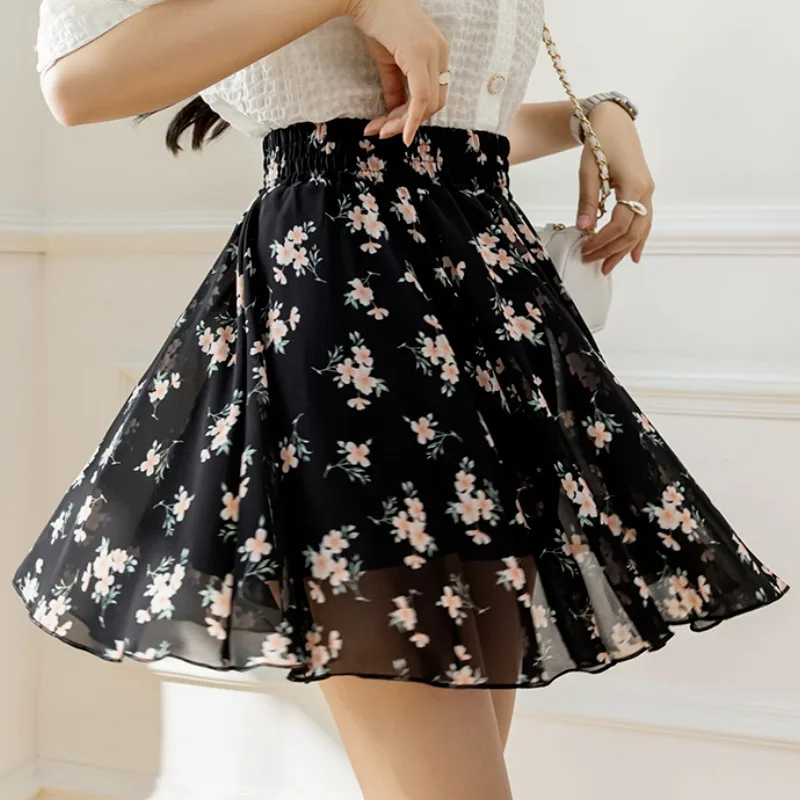 Extra Large Chiffon Floral Skirts Women's Summer 120KG Loose Streetwear High Waisted A-line Short Dresses Latest Trendy Famale