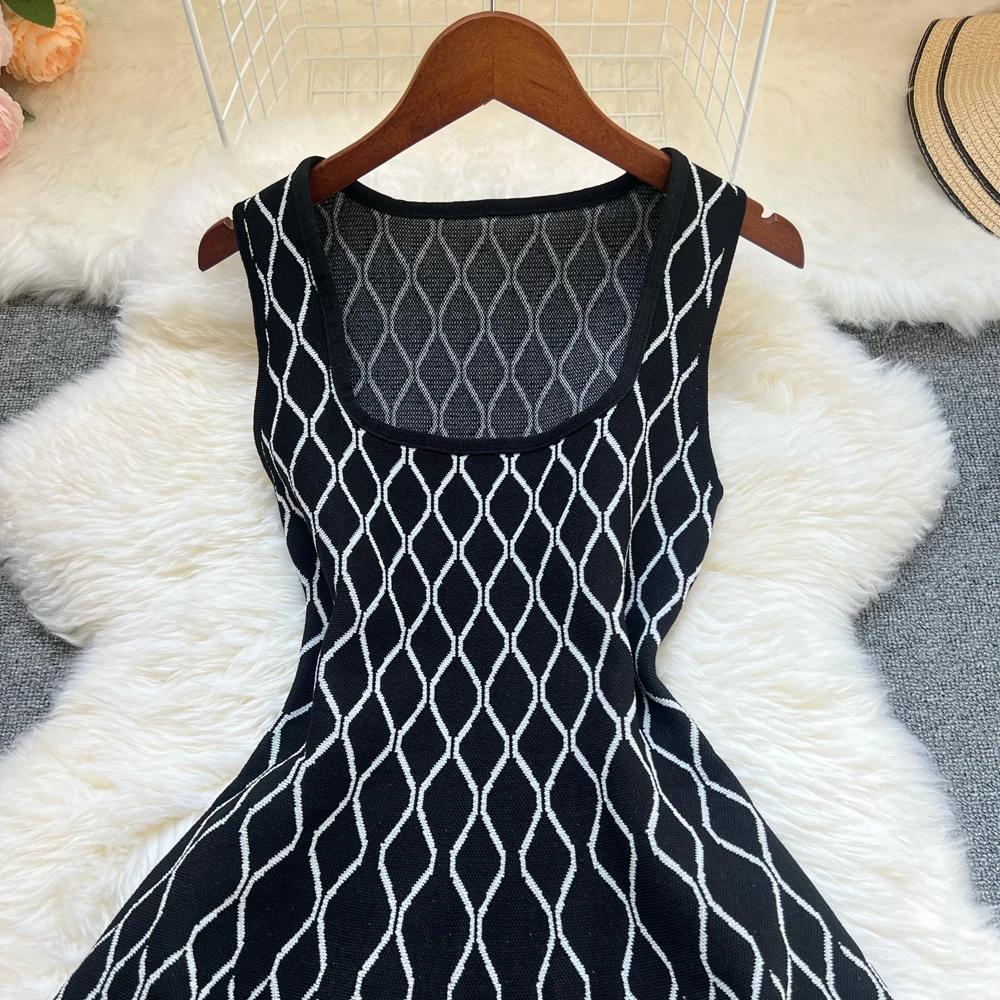 YuooMuoo Marke Mode A-line Kurze Frauen Kleid Elegante Y2K Geometrische Gestrickte Sommer Kleid Weibliche Harajuku Schwarz Party Vestidos – Detail 12