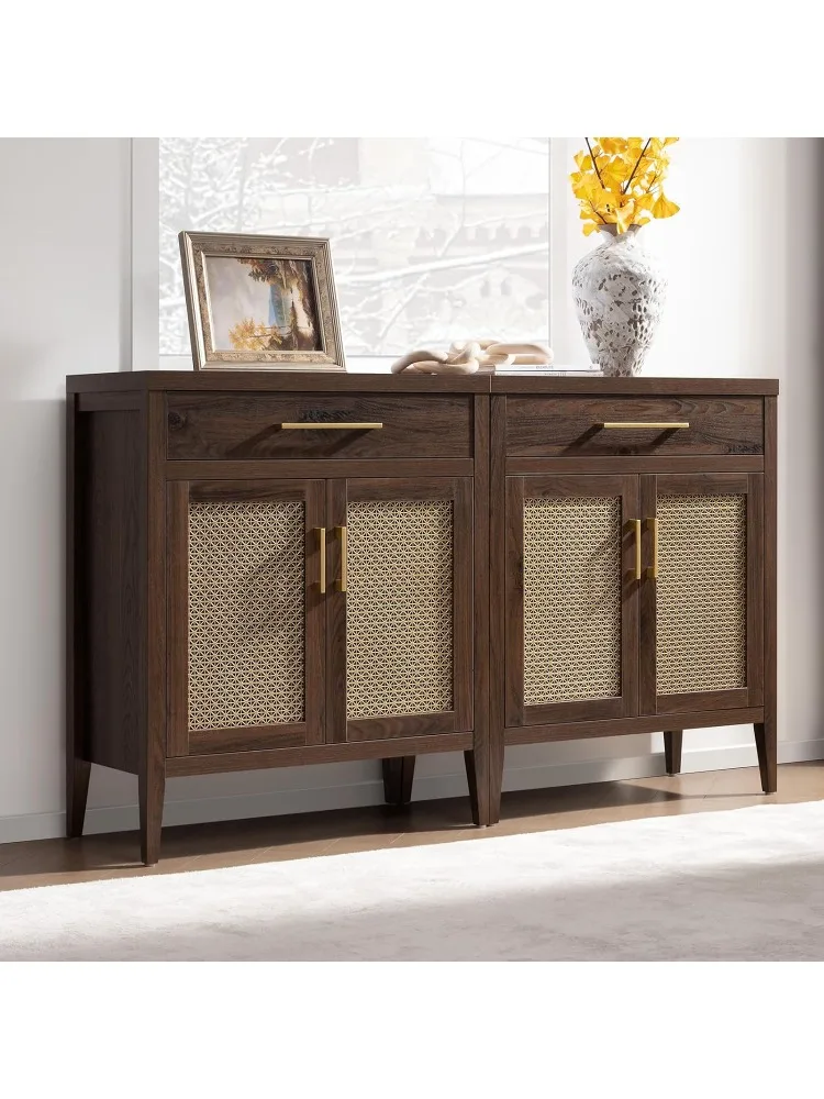 Sideboard Buffet Cabinet Set of 2, Wooden Credenza Storage Cabinet with Drawers and Metal Mesh Doors, Mid Century Modern