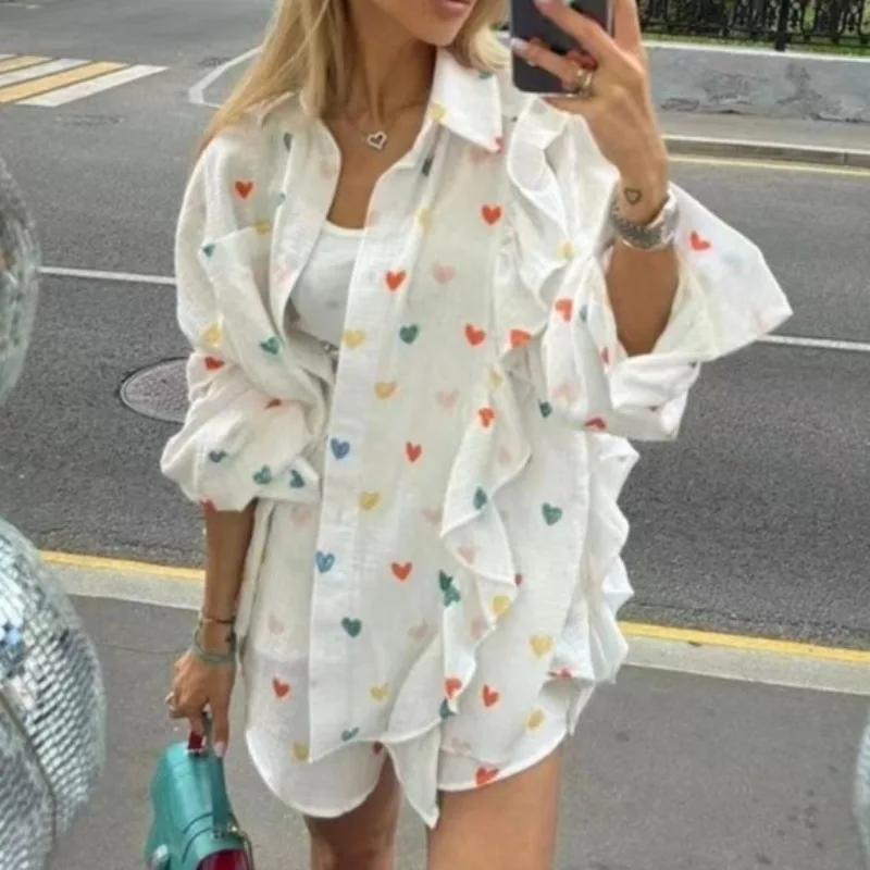 Camisa de manga comprida com babados feminina e conjunto de calções de cintura elástica, terno estampado casual, moda, primavera, verão, conjunto 2 peças