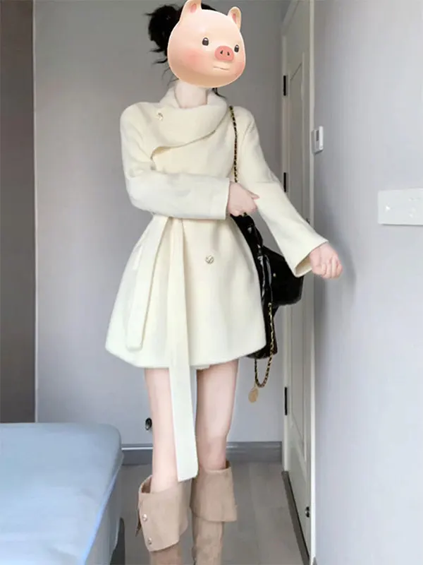 

Утепленное шерстяное пальто для женщин: модное, весеннее, свободного кроя, с поясом, двубортное, теплое, верхняя одежда