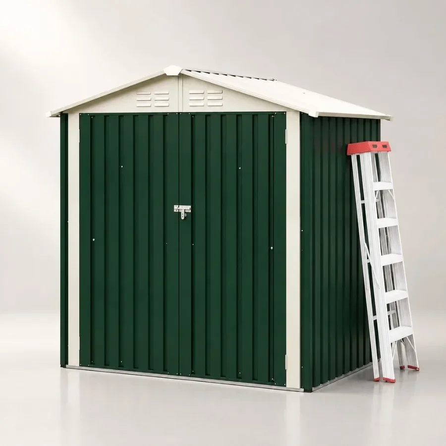 6x4 ft metal storage shed for outdoor use, dark green galvanized steel, sloped roof and window for ventilation and light