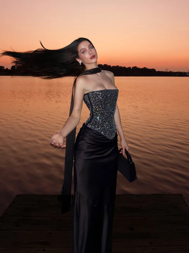 

Women Sexy Sequin Top Long Skirt Sets Strapless Off-shoulder Slim Tops High Waist Satin Skirts Sets Lady Vacation Party Outfits