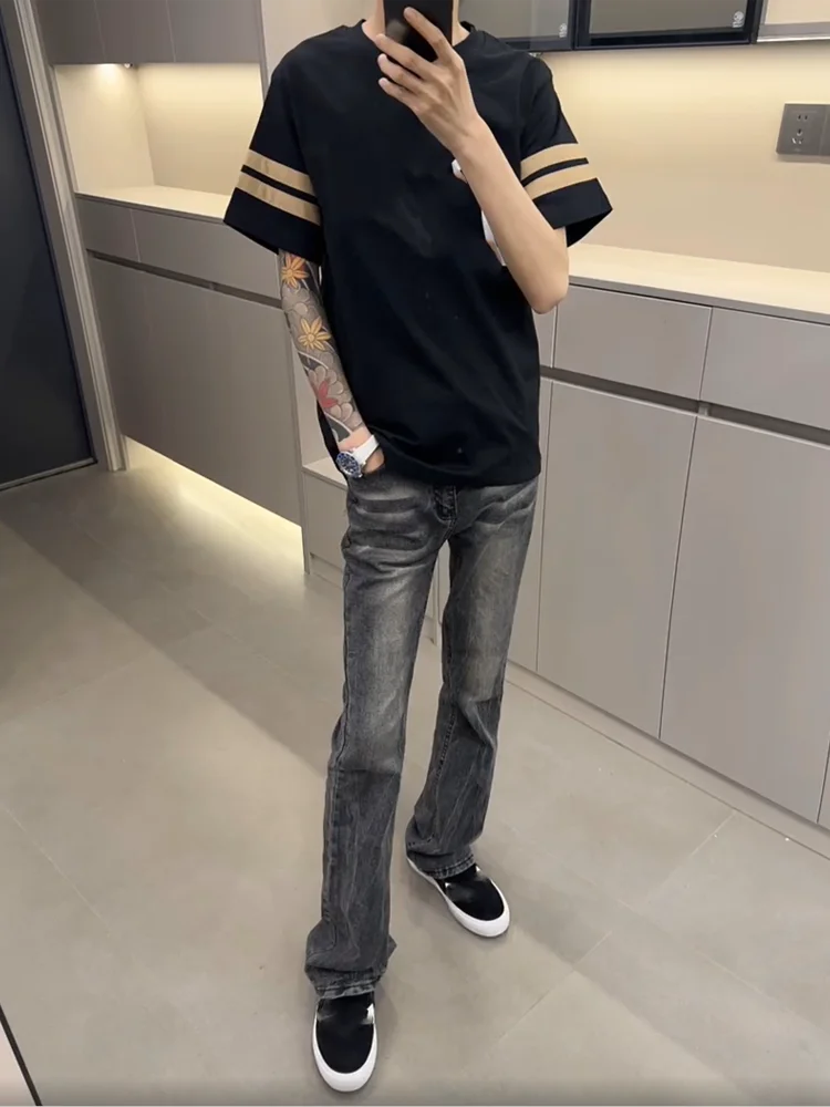 

Retro American Waed Bla ey Jeans Men's Heavy Distred High Street Loose Micro Flared Long Pants Casual Wear