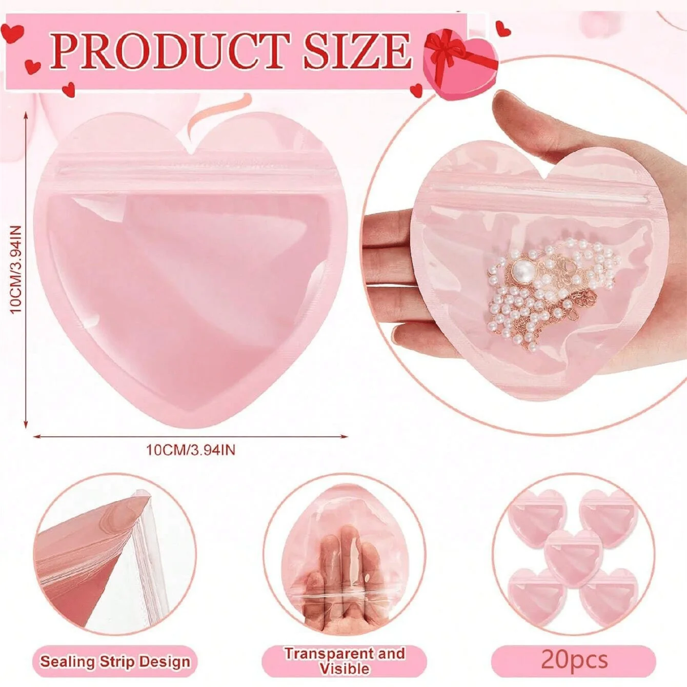 20Pcs Pink Heart Shaped Packaging Bags,Valentine's Day Small Jewelry Bags,Transparent Resealable Bags,Wedding Birthday Party