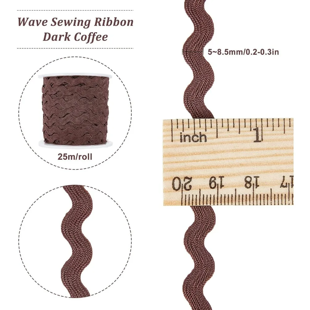 27yard/25m Rick Rack Trim Ribbon Dark Coffee Wave Sewing Bending Fringe Trim 5mm/0.2 inch for DIY Sewing Crafts making kit