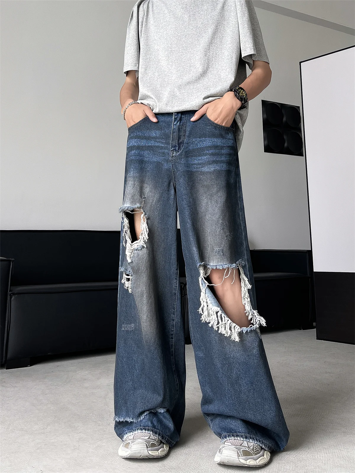 

Waed Distred American Sle Men's Jeans High Street Design Loose Wide Leg Long Pants Casual Youth Summer Faion