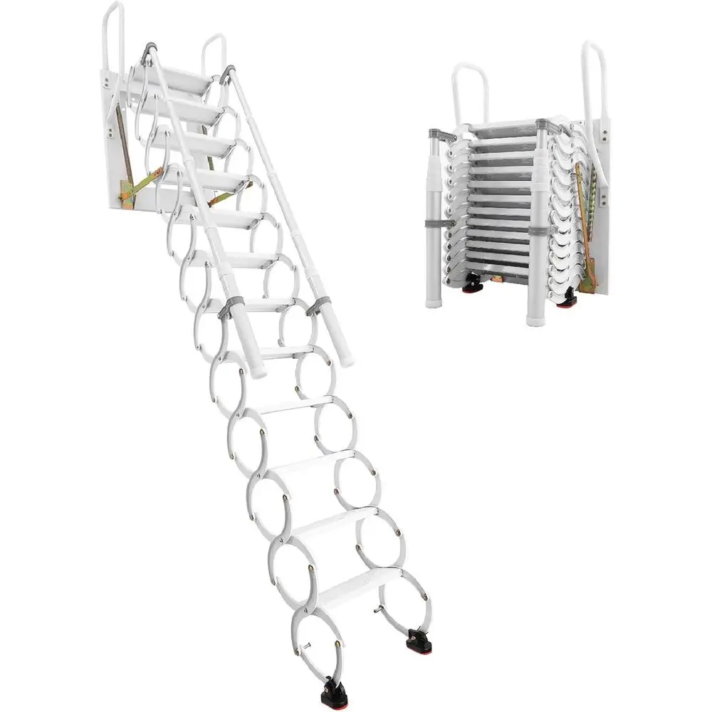 

12-Step Retractable Pull-Down Attic Ladder, Collapsible Extension Stairs for Home, Basement, or Warehouse Use (White Style 2)