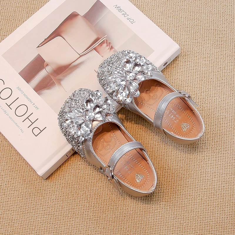 Silver/beige Girls Leather Shoes with Glitter Rhinestone Bow Outdoor Spring Autumn PU Princess Leather Shoes Sandalias De Mujer