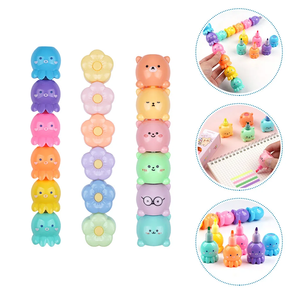 

3 Sets Cartoon Highlighter Octopus Flower Bear Shaped Stackable Kawaii Marker Pens Chisel Tip Pastel Highlighter Cute Book