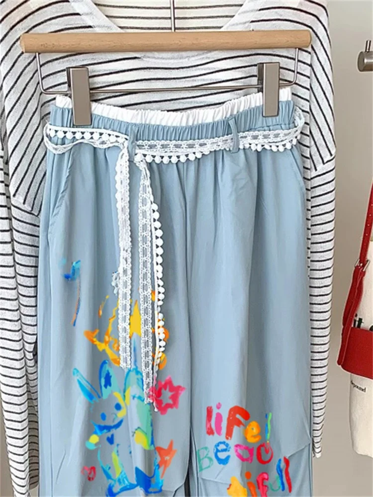 Retro Fre Blauw Kant Splitsen Hoge Taille Casual Broek Mannen Vrouwen Zomer Losse Match Alle Ontwerp Lange Broek Hoge Taille Werkkleding