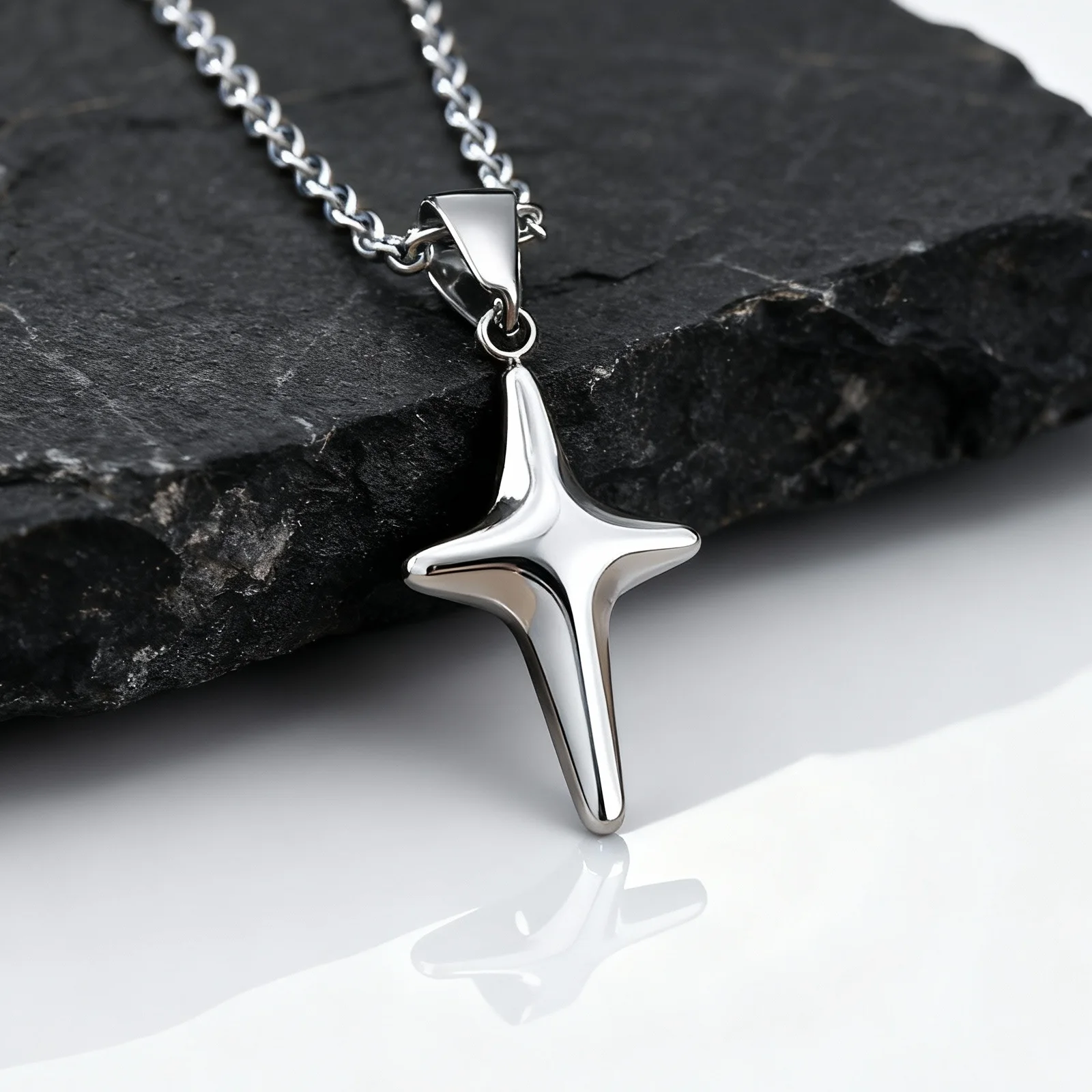 

Simple Trendy Star Necklace for Men Boys,Silver Color Stainless Steel 4-Point Star Pendant,Hip Hop Minimalist Jewelry Gift