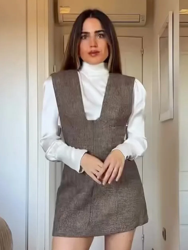 

HH Spring Female Fashion Sleeveless Solid Short Dress Woman Elegant Back V-Neck Zipper A-Line Streetwear Wool Mini Dress