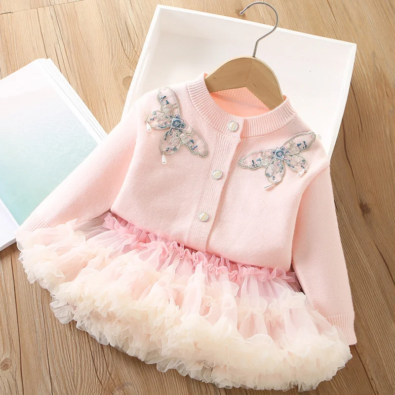 

Girls Sweater Set Autumn and Winter New Sweet and Fashionable Butterfly Baby Knitted CardigantutuTwo-piece Dress Set