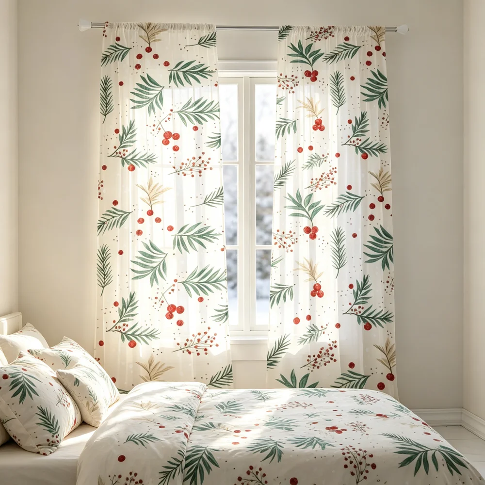 2PCS Christmas Curtains, Green Pine Red Berries Print, Bedroom Living Room Window Drapes, Rod Pocket Polyester, Home Decor