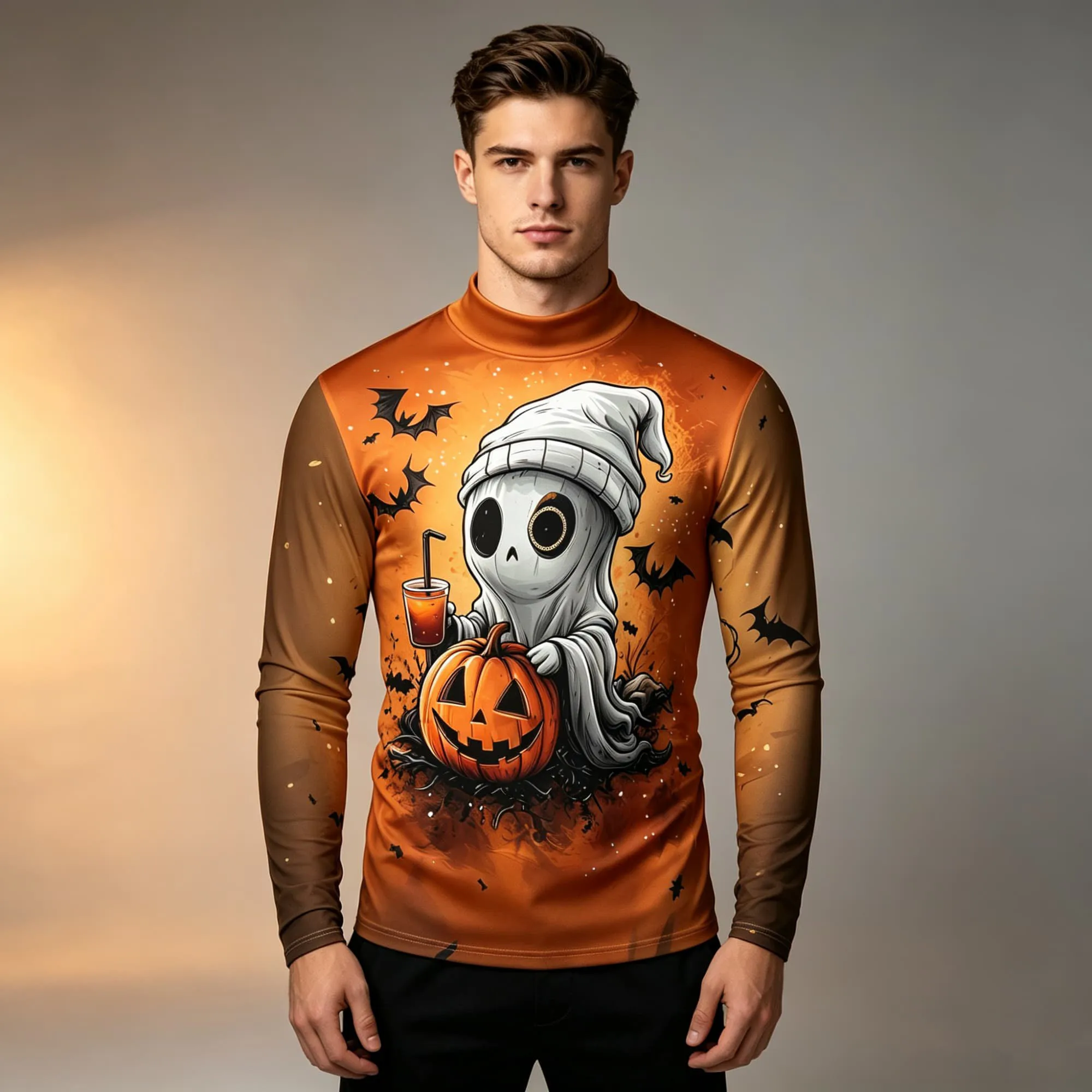 Funny Cute Halloween Ghost Pumpkin Cartoon Print Orange Gradient Mock Neck Long Sleeve Tee For Men
