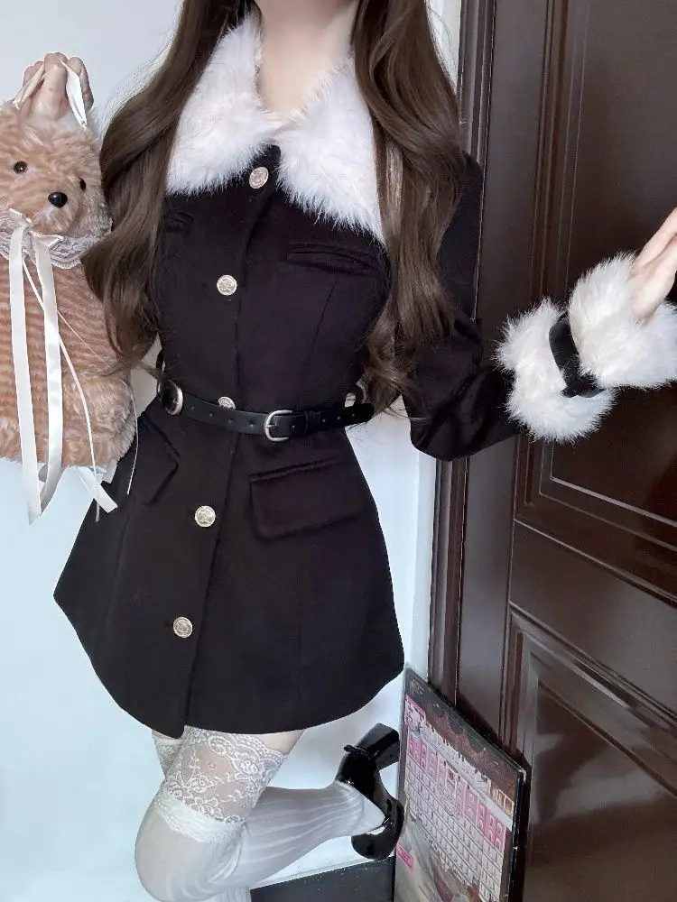 冬用厚手韓国ファッションレディースウィンドブレーカー黒毛皮襟スリムフレンチエレガントシックトレンチコート婦人服2025