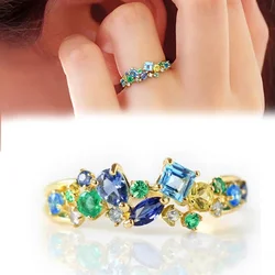 Trendy Female Rings with Blue/Green Cubic Zirconia Luxury Accessories Daily Wear Party Fashion Jewelry for Women