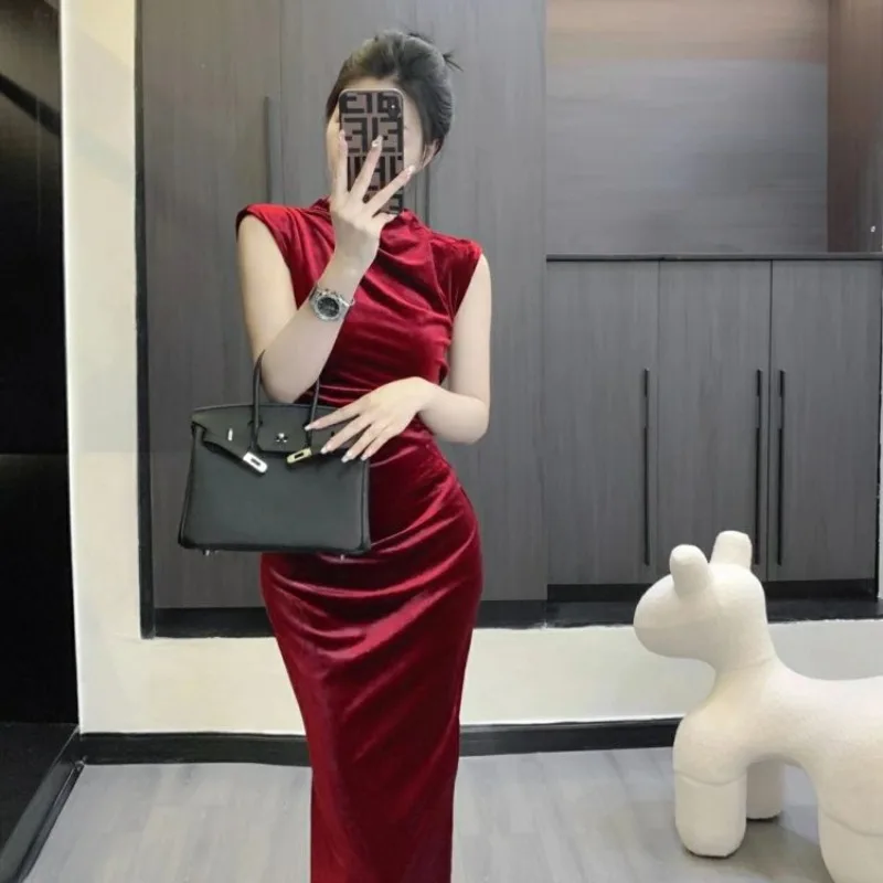 Fleece Slim Dresses Women Sleeveless Pleated Flattering Waist Slit Midi One Step Bodycon Sexy Temperament Office Lady Stylish