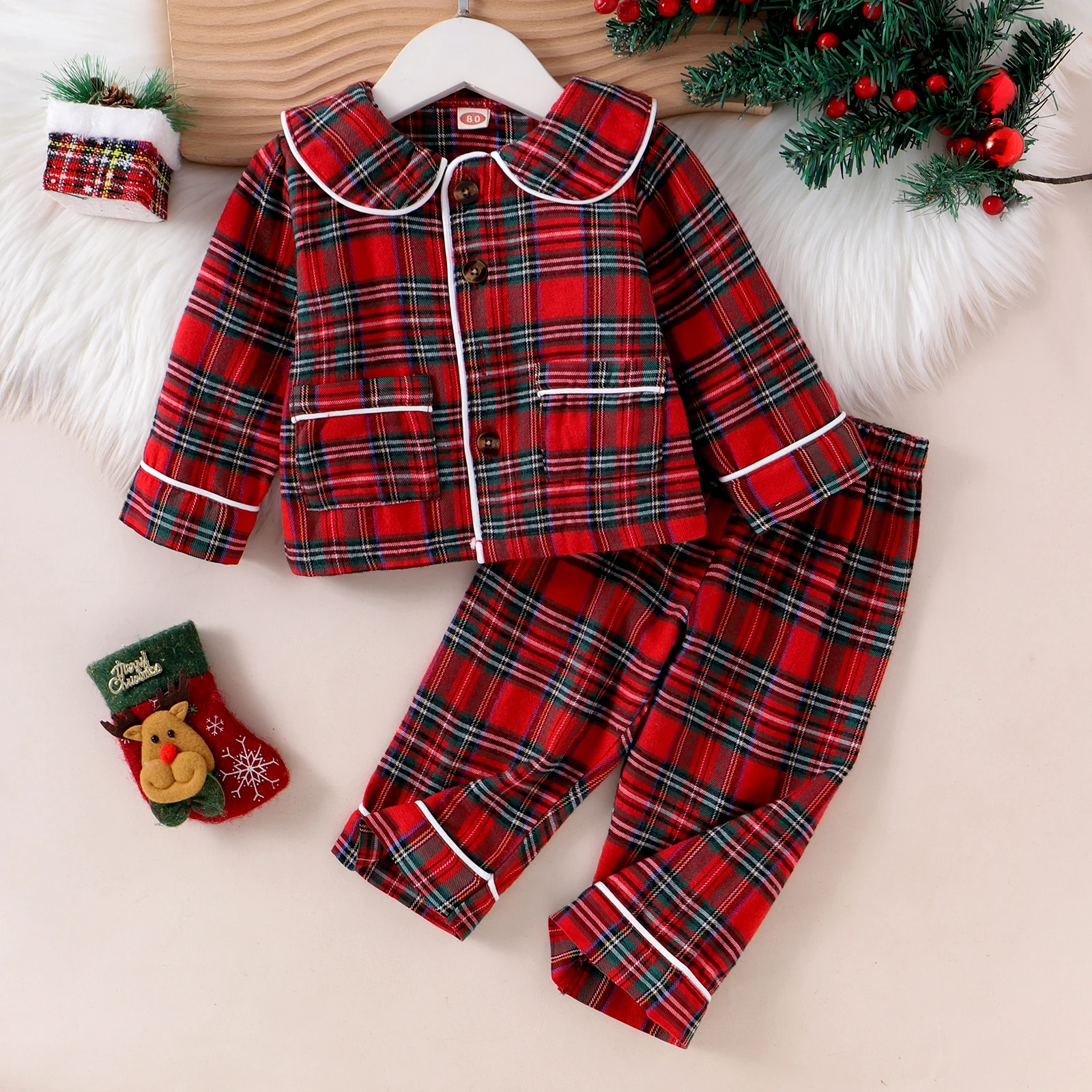 Autumn Winter Kids Girls Boys Christmas Pajamas Clothes Sets Plaid Print Turn Down Collar Shirts+Pants