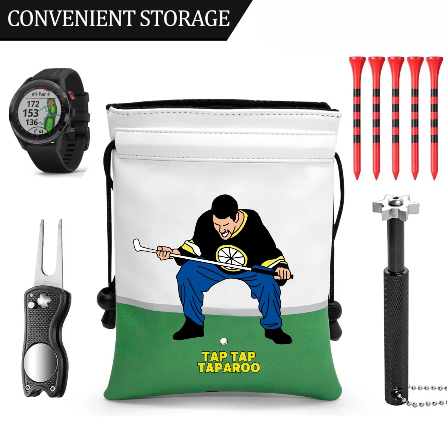 Funny Golf Valuables Pouch, PU Leather Golf Tee Pouch with Drawstring Closure Golf Ball Handbag Portable Ball Pouch