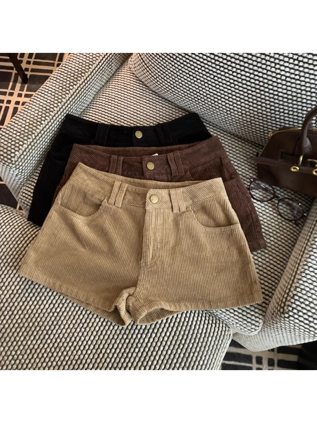 Outono e inverno novo retro cáqui veludo de cintura alta shorts retos spice girl calças quentes em forma de a