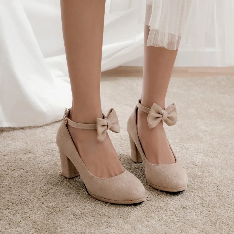 Ankle Strap High Heels Sweet Bowknot Women's Pumps Flock Woman Thick Heel Mary Jane Women Party Shoes Ladies Footwear 33-43