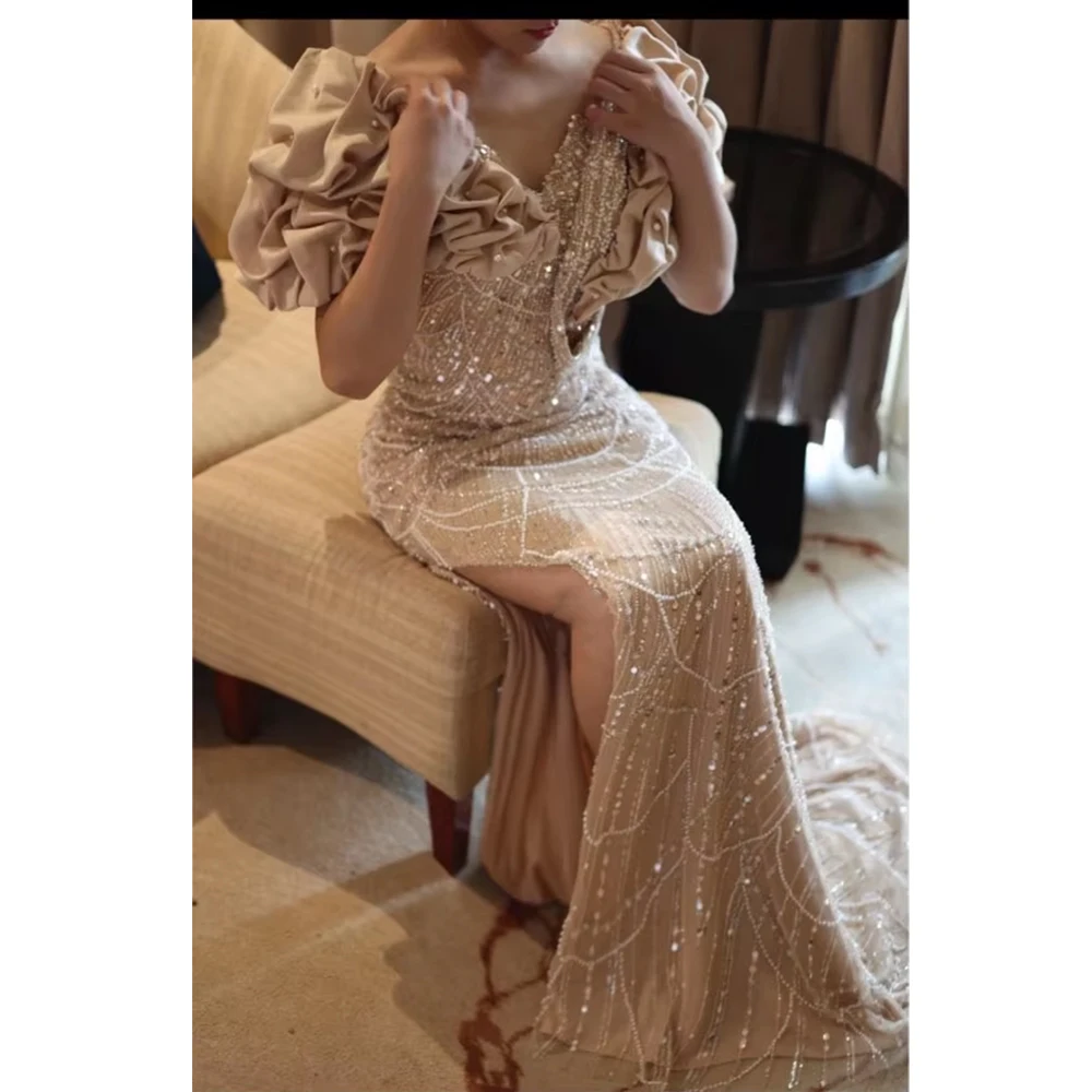 Flechazo Straight Evening Dress V-Neck with Beading Lace Sexy Side Slit Short Sleeves Women Banquet Customized Zipper Gown