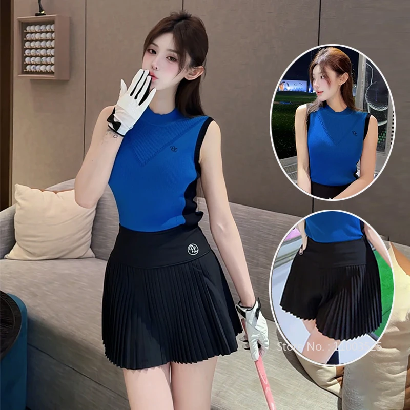 

PL New Spring Summer Golf Tank Top Women's Knitted T-shirt Slim Elastic Sleeveless Shirt Ladies Tennis Pleated Skirt Golf Skorts