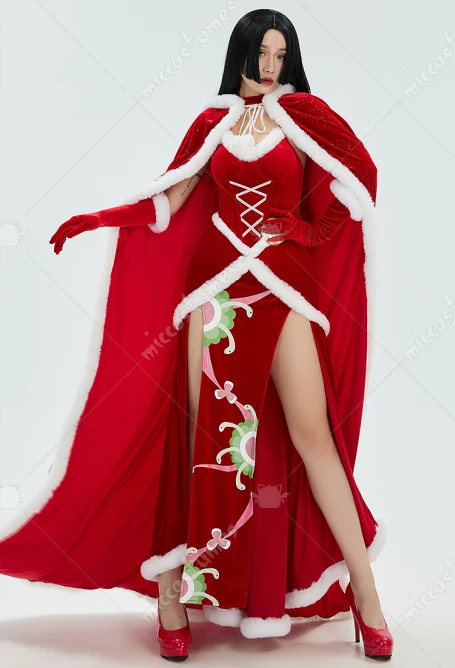 Miccostumes Conjunto de vestido de terciopelo estilo navideño de princesa serpiente para mujer Vestido sexy con abertura alta y capa y guantes