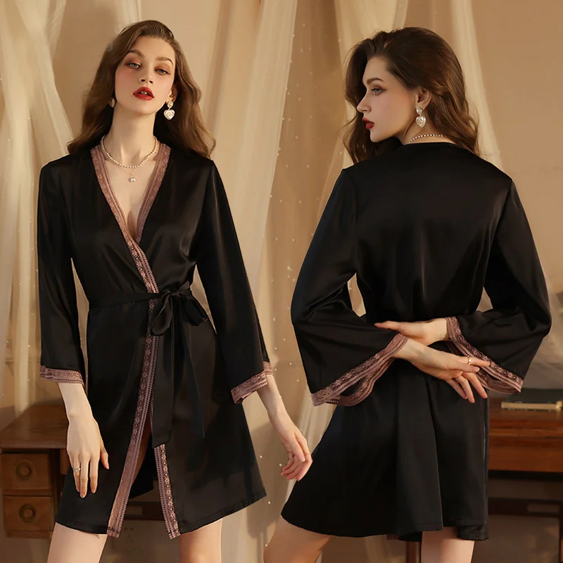 New Temptation Sexy Pajamas Women's Ice Silk Pajamas Pure Desire Bathrobe Long Sleeve Silk Lace Pajamas Home Clothes