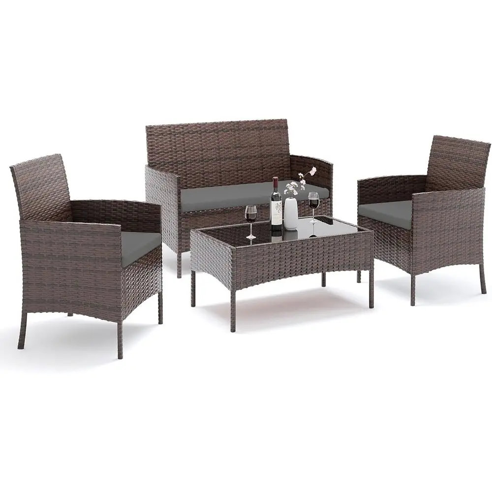 Conjunto de Muebles de Jardín de Mimbre de 4 Piezas para Espacios Pequeños: Ideal para Balcón, Terraza, Patio, Jardín y Piscina en Gris