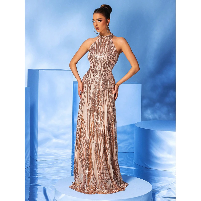 Summer Vestidos Women Sexy Halter Gold Sequined High Waist Elegant Cocktail Prom Evening Long Maxi Dresses Female Clothing